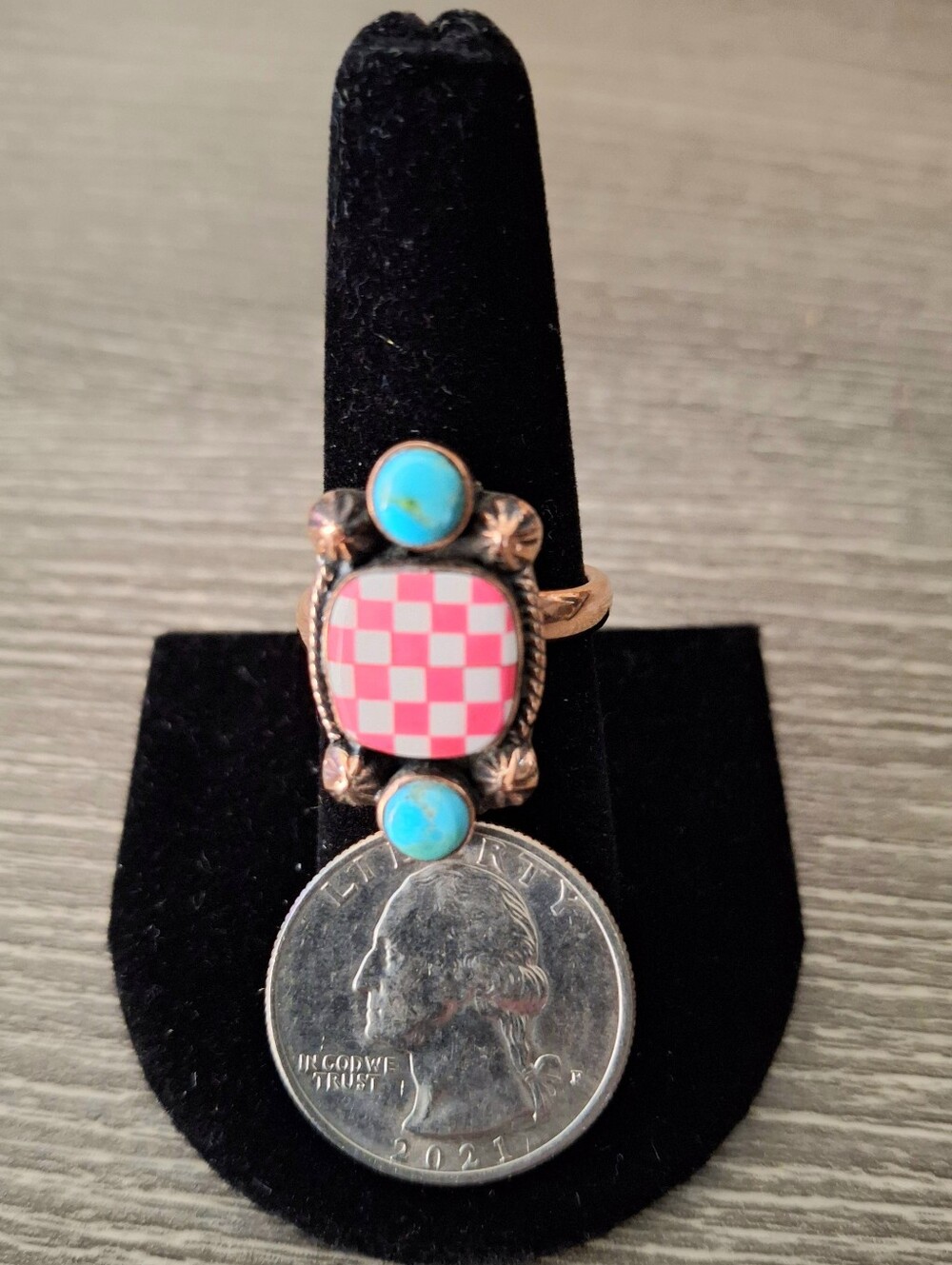 Ring Pink Checkerboard With Turquoise Accents Copper Adjustable Sizing 8-9-10 - Picture 3 of 5